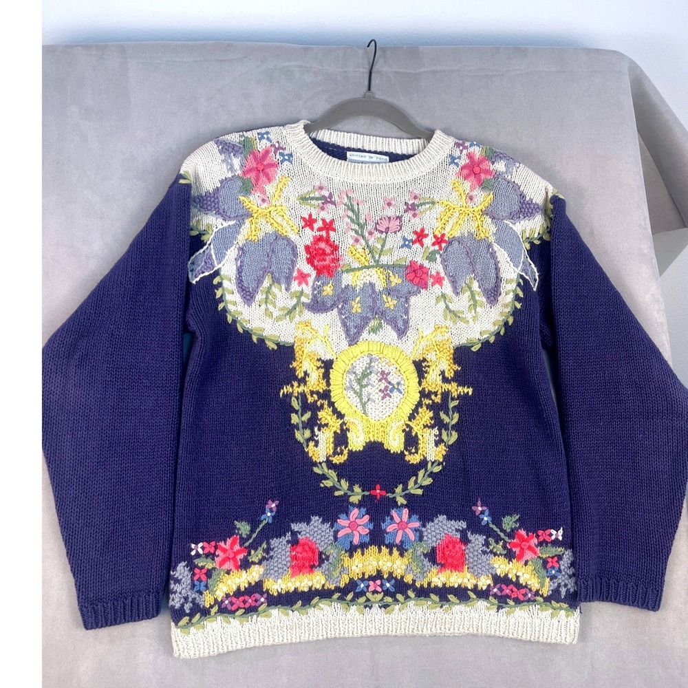 Jennifer Reed Vintage Hand Knitted Floral Embroidered Sweater M Cottagecore